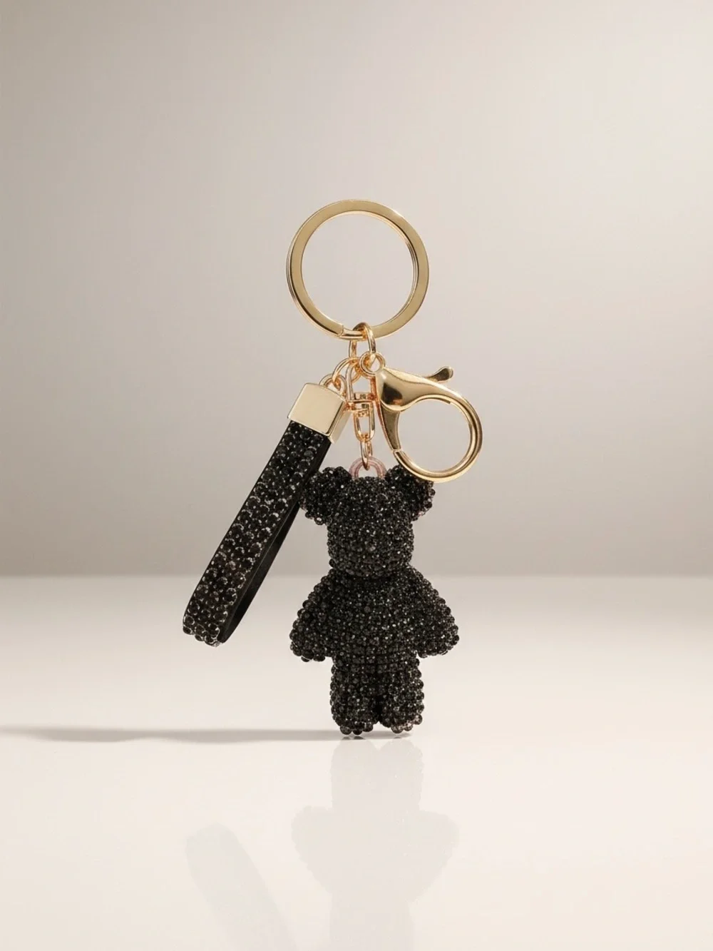 Gold Keyring with Black Crystal Teddy Charm and Strap